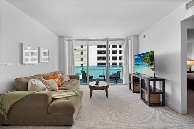 living room featuring carpet floors and expansive windows