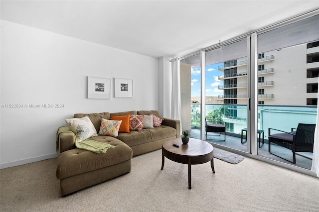 carpeted living room featuring floor to ceiling windows