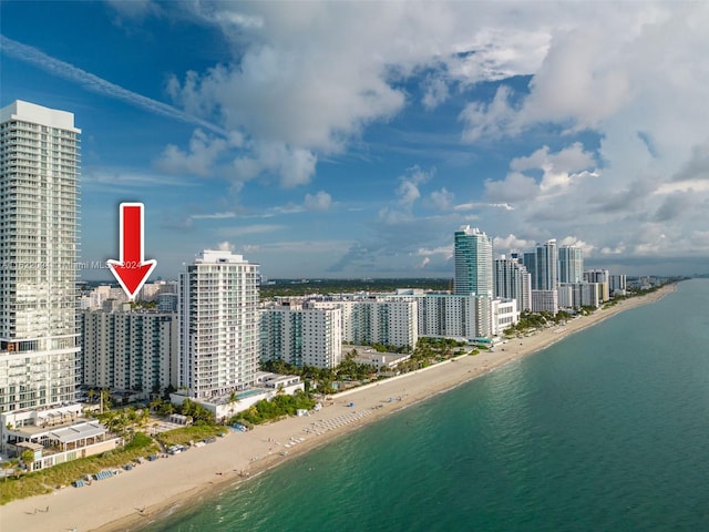 aerial view featuring a beach view and a water view