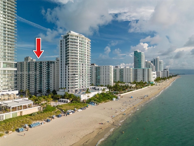 city view featuring a water view and a view of the beach