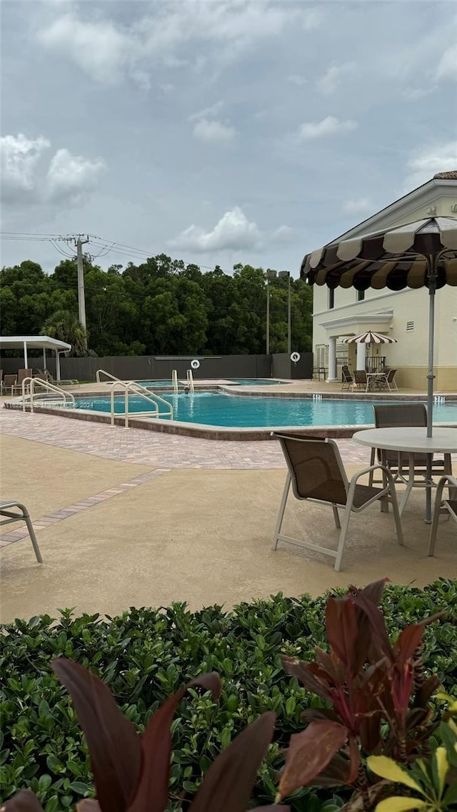 view of swimming pool featuring a patio area