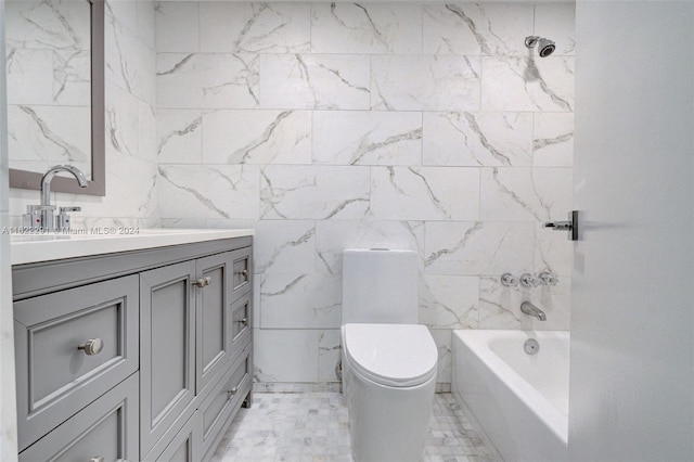 full bathroom featuring  shower combination, vanity, toilet, and tile walls