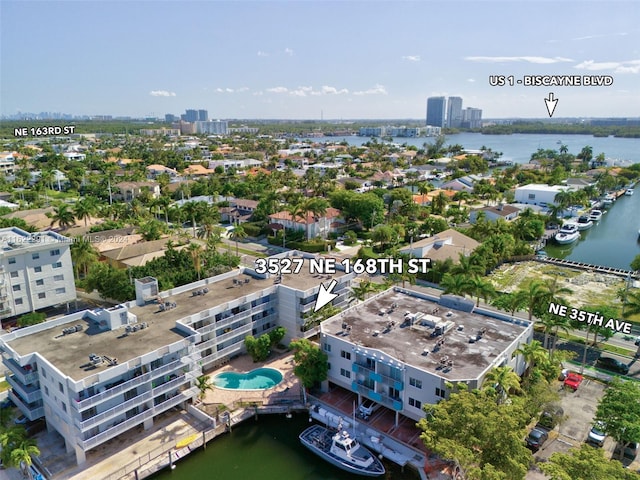 drone / aerial view featuring a water view