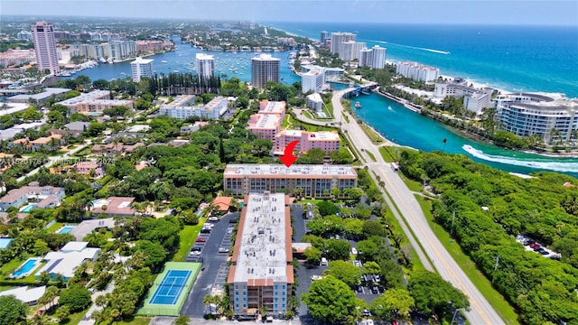 drone / aerial view featuring a water view