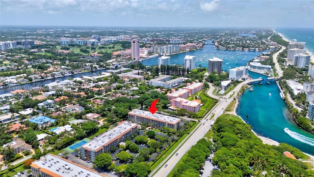 bird's eye view with a water view