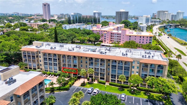 aerial view featuring a water view