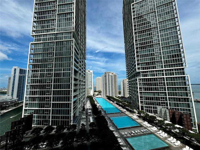 property's view of city featuring a water view