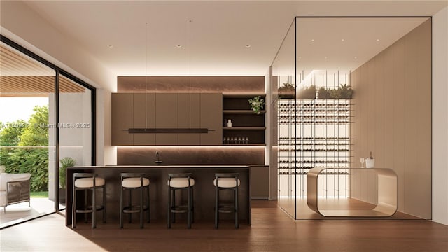 bar featuring dark hardwood / wood-style flooring and backsplash