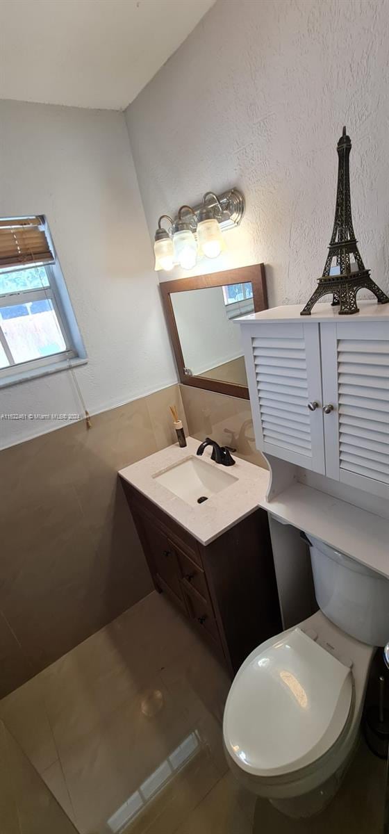 bathroom with toilet, vanity, and lofted ceiling