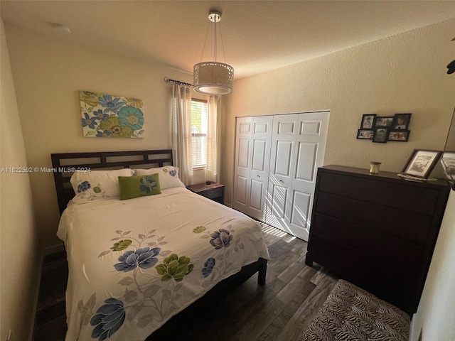 bedroom with dark hardwood / wood-style flooring and a closet