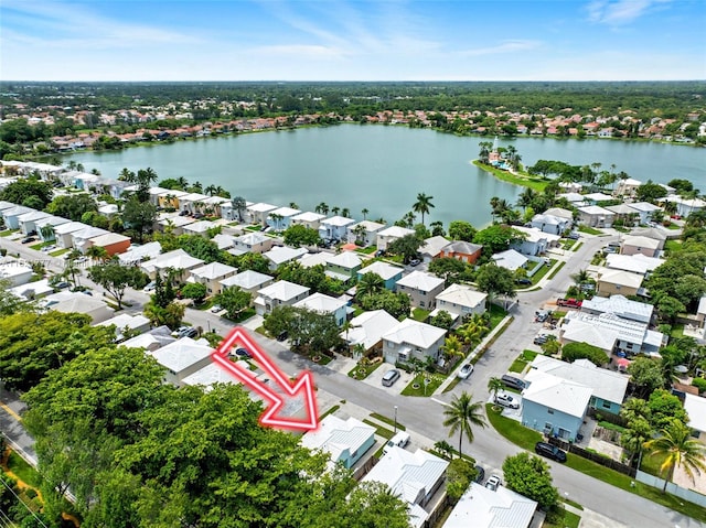 drone / aerial view featuring a water view