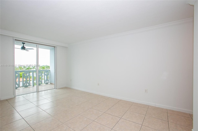 unfurnished room featuring light tile patterned flooring, ceiling fan, and ornamental molding