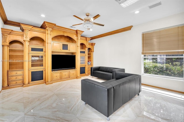 tiled living room with ornamental molding and ceiling fan