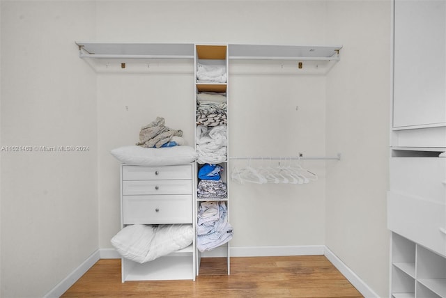 walk in closet with light hardwood / wood-style floors