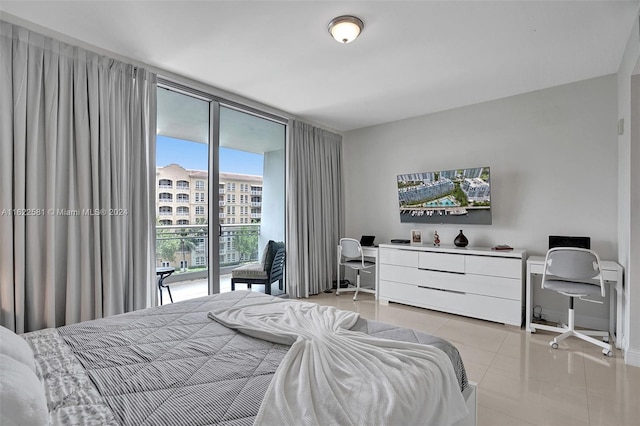 tiled bedroom featuring floor to ceiling windows and access to exterior