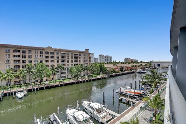 exterior space with a water view