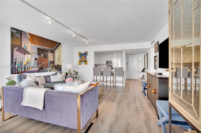 living room with light wood-type flooring and track lighting