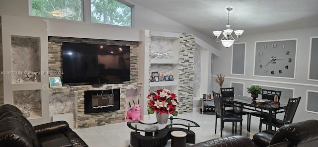 tiled living room with an inviting chandelier, a fireplace, high vaulted ceiling, and a textured ceiling