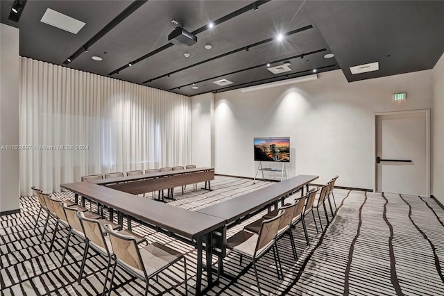 recreation room with rail lighting and carpet floors