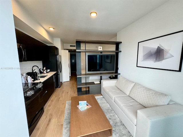 living room featuring sink and light hardwood / wood-style flooring