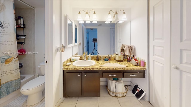 full bathroom with vanity, tile patterned floors, shower / bath combo, and toilet