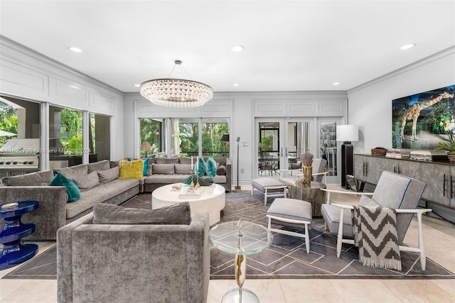 tiled living room featuring ornamental molding and an inviting chandelier