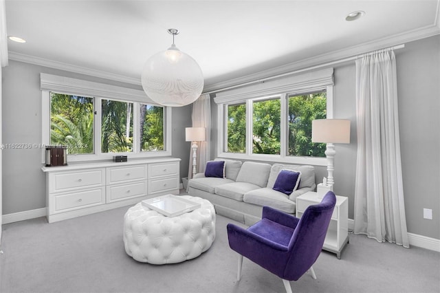 carpeted living room featuring crown molding and plenty of natural light