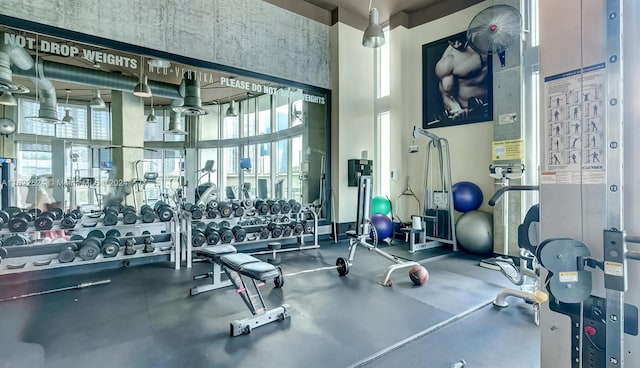 exercise room with a towering ceiling and a wealth of natural light