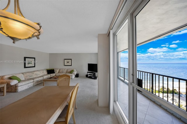 dining area featuring a healthy amount of sunlight, light colored carpet, a textured ceiling, and a wall of windows