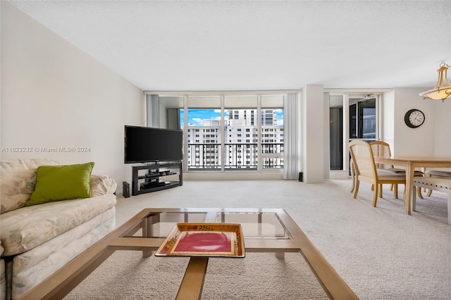 living room featuring carpet floors, a textured ceiling, and a wall of windows