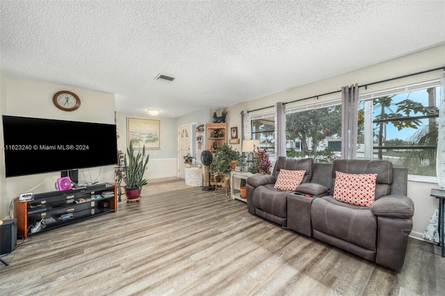 living room featuring hardwood / wood-style floors, a wealth of natural light, and a textured ceiling