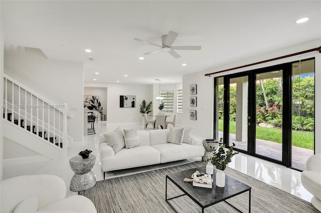 living room with ceiling fan