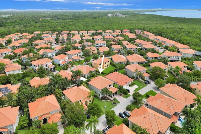 drone / aerial view with a water view