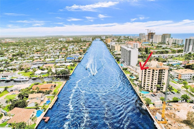 drone / aerial view featuring a water view