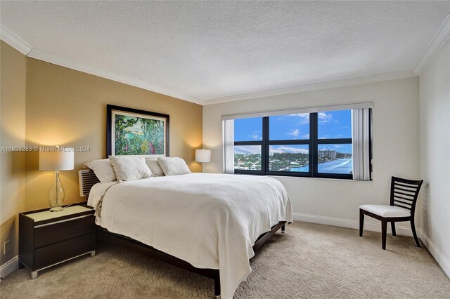 bedroom with crown molding, a textured ceiling, and light colored carpet