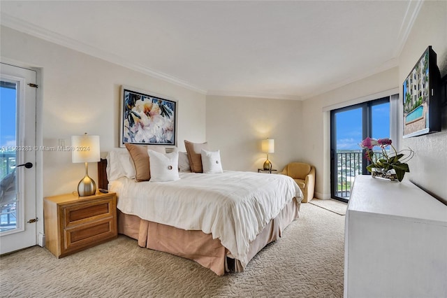 bedroom featuring light carpet, access to exterior, and ornamental molding