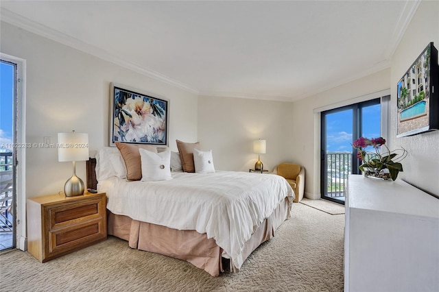 bedroom featuring access to exterior, carpet floors, and ornamental molding