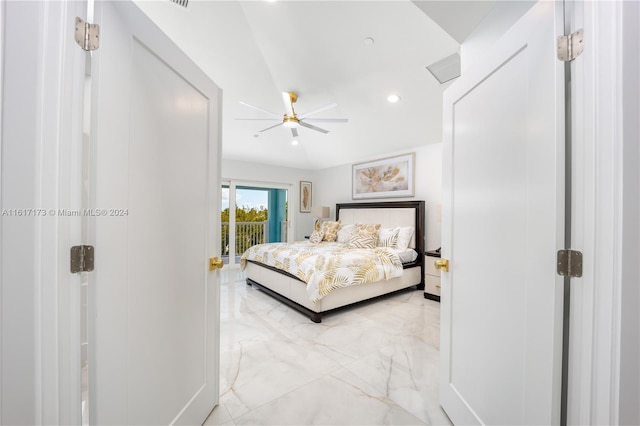 bedroom featuring access to outside and ceiling fan