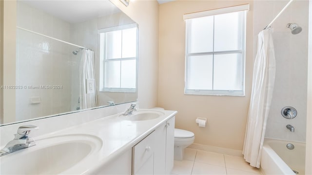 full bathroom with shower / bathtub combination with curtain, vanity, toilet, and tile patterned floors