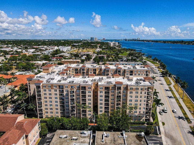 drone / aerial view with a water view
