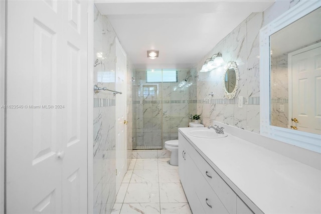 bathroom featuring a shower with shower door, tile walls, tile patterned flooring, toilet, and vanity