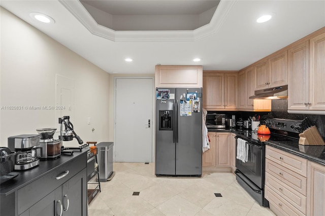 kitchen featuring a tray ceiling, black range with electric cooktop, light brown cabinets, and stainless steel fridge with ice dispenser