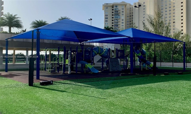 view of jungle gym with a yard