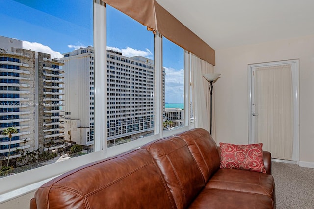 carpeted living room with a water view