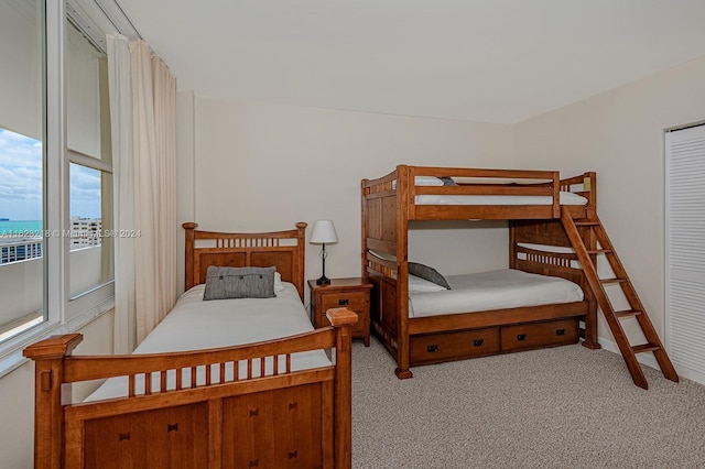 bedroom with a water view, access to exterior, and light colored carpet