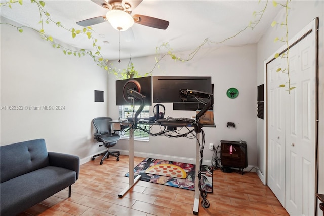 workout area with hardwood / wood-style floors and ceiling fan