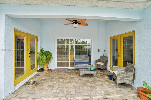 view of patio featuring french doors and ceiling fan