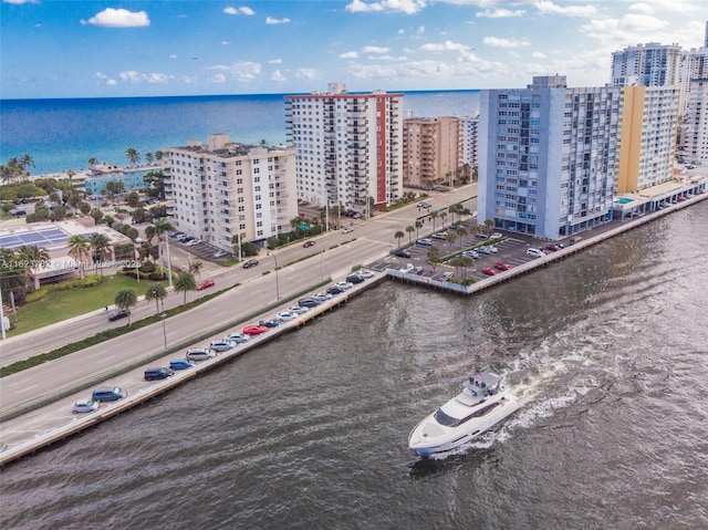 aerial view with a water view and a city view