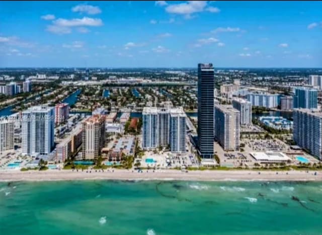 aerial view with a water view and a view of the beach