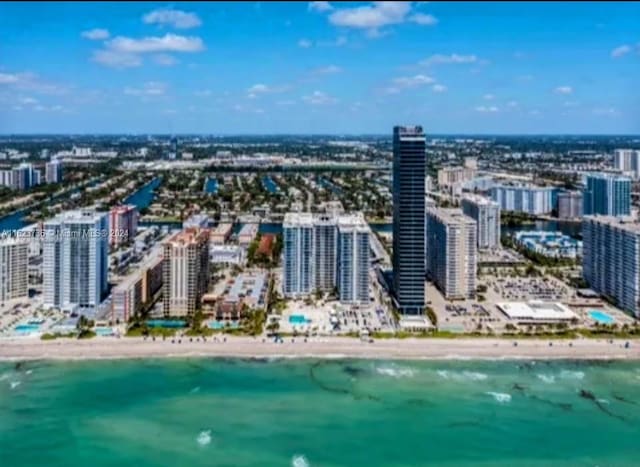 aerial view with a water view and a view of the beach